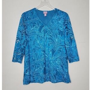 Chico's‎ Top Blue Leaf Print V-Neck 3/4 Sleeves Summer Preppy Large 12